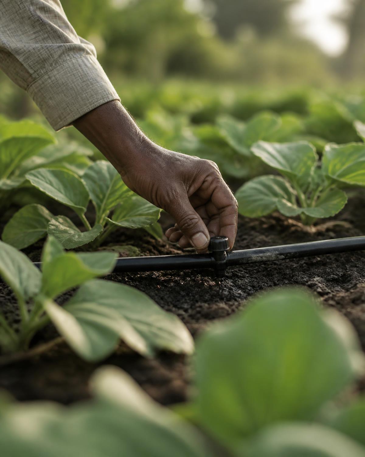 A farmer adjusting a drip irrigation emitter beside young green plants