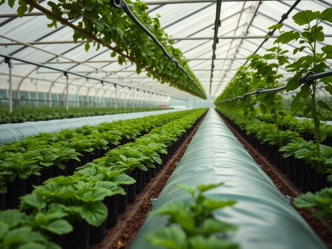 Interior of a greenhouse with irrigation lines and foggers above young plants