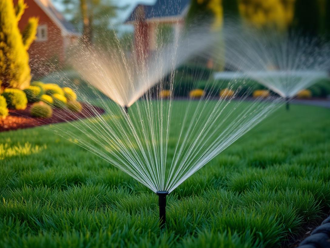 Landscaped garden lawn watered by pop-up sprinklers at golden hour