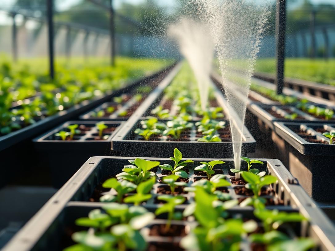 Plant nursery with rows of potted seedlings under micro sprinklers