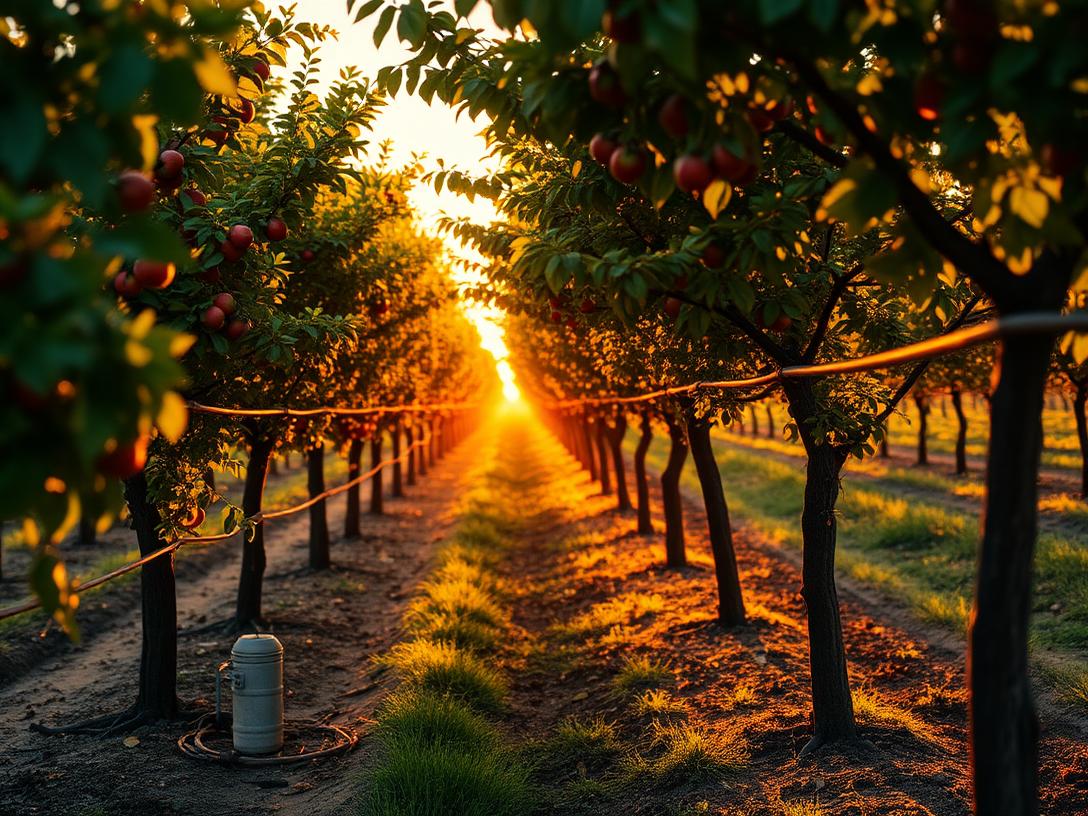 Fruit orchard rows with drip irrigation lines running along the tree bases