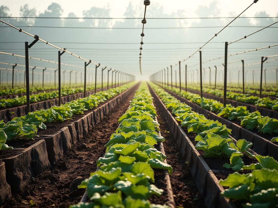 Vegetable farm with raised beds and drip irrigation lines in morning light