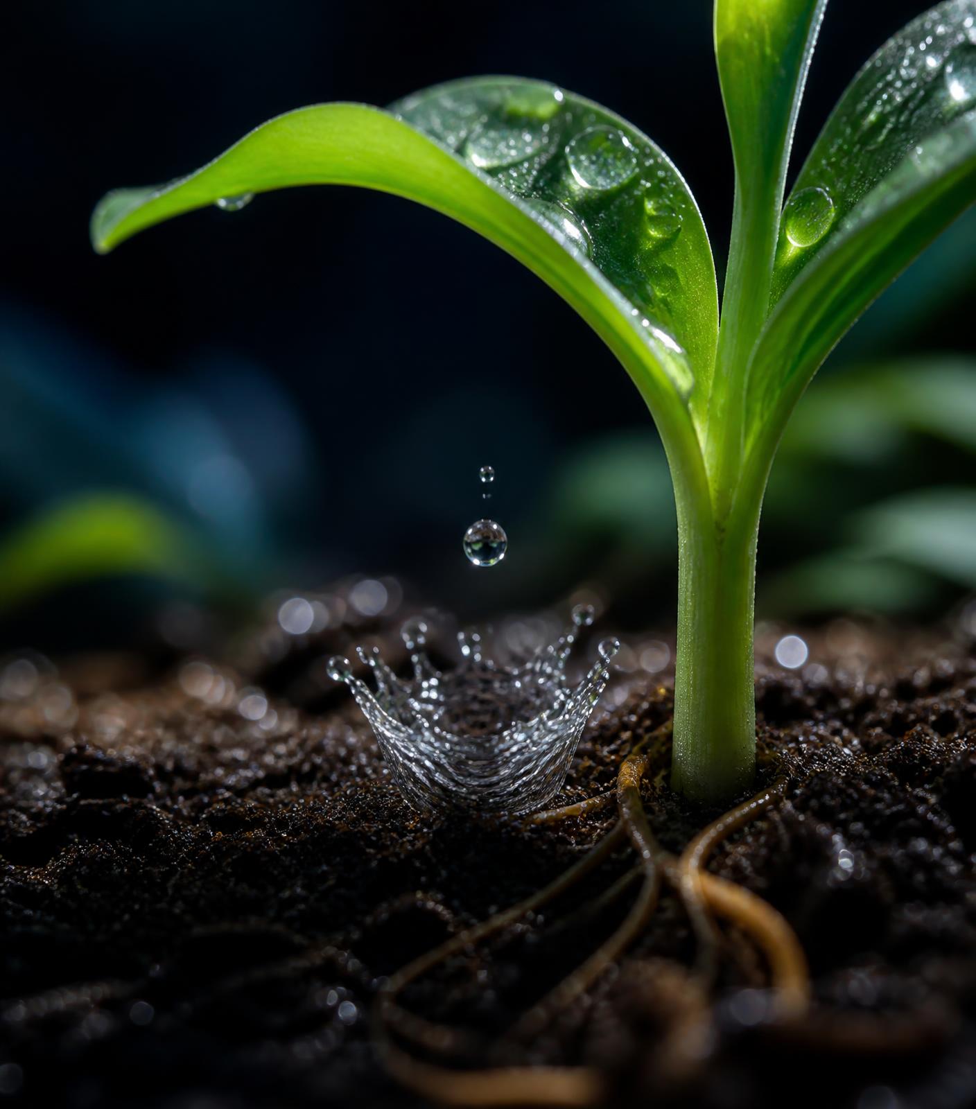 A water droplet falling onto soil at the base of a young green seedling