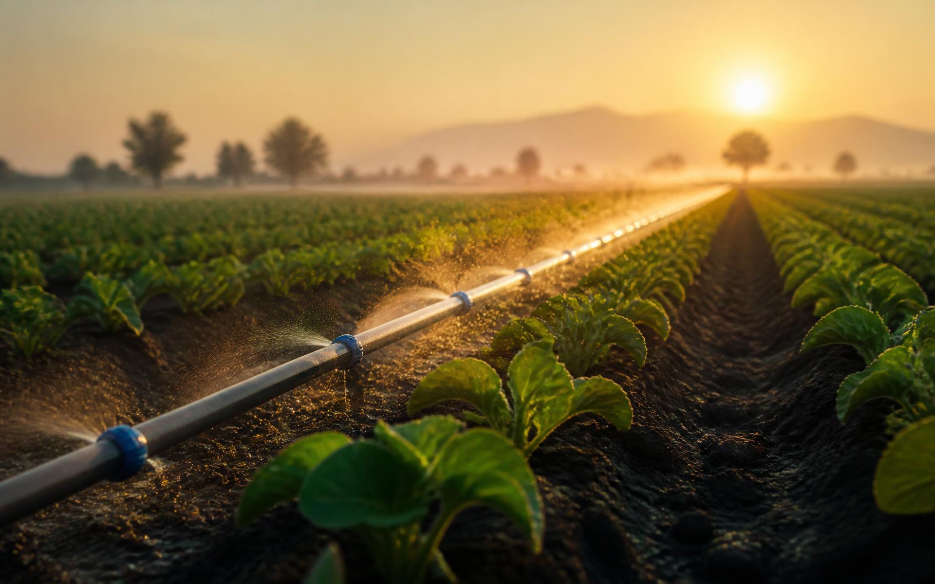 Sunrise over an irrigated crop field with a drip irrigation line delivering water to green rows