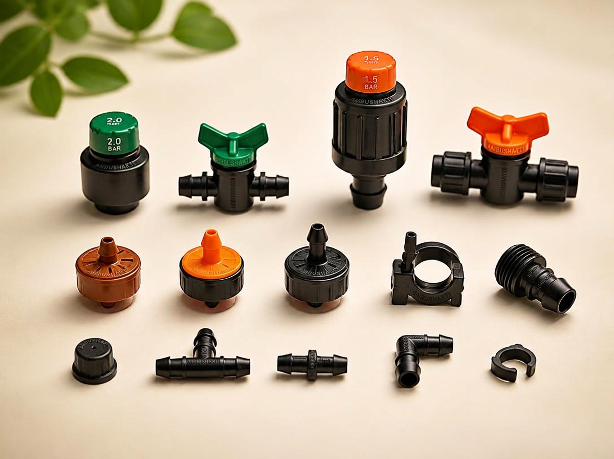 Ambushakti irrigation accessories including emitters, pressure regulators, mini valves and end caps