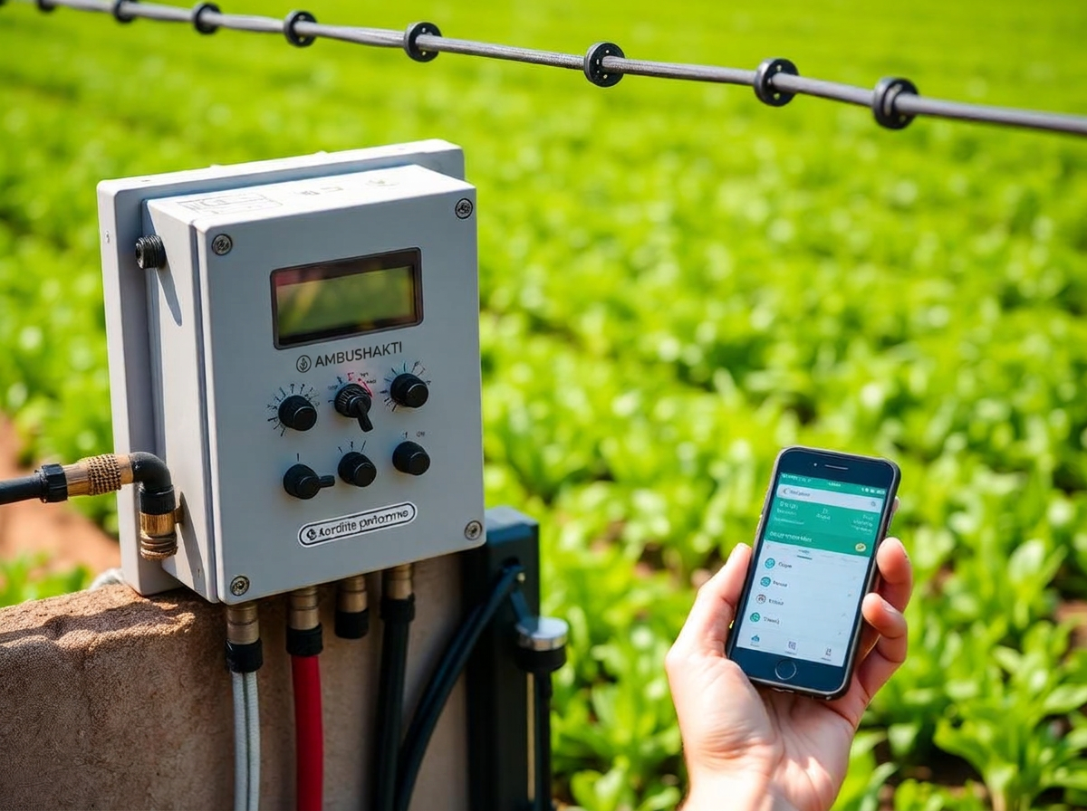 Ambushakti weatherproof irrigation controller beside drip lines with a scheduling app