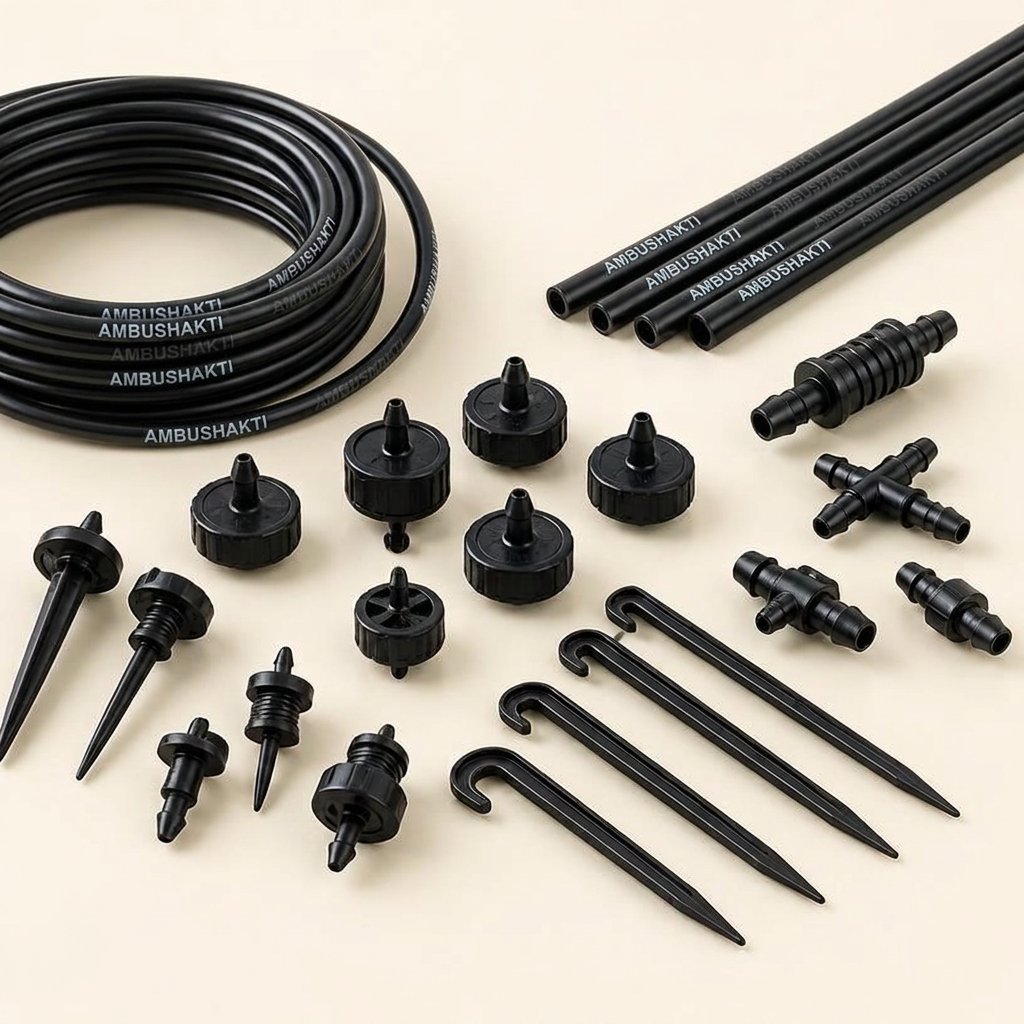 Ambushakti drip irrigation lateral with emitters delivering water at the crop root zone