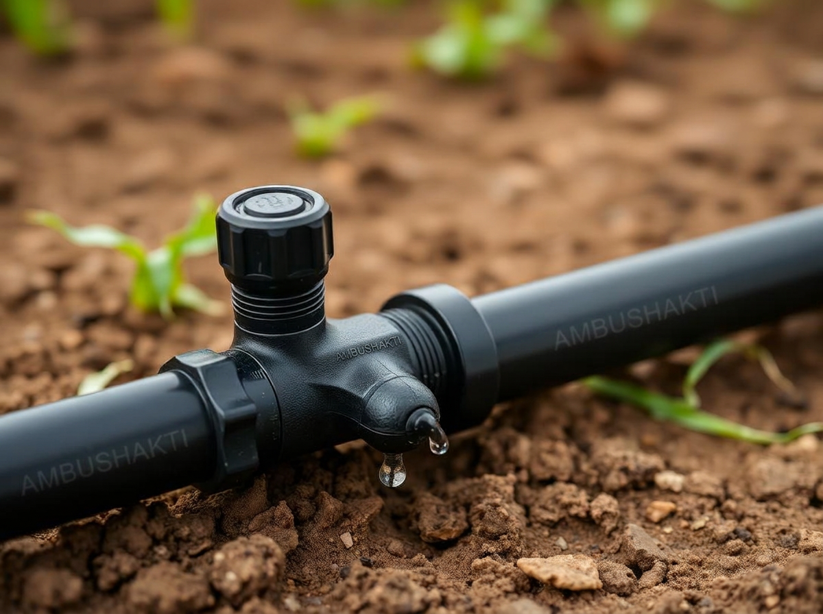 Ambushakti online dripper fitted on a drip lateral with water forming at the outlet