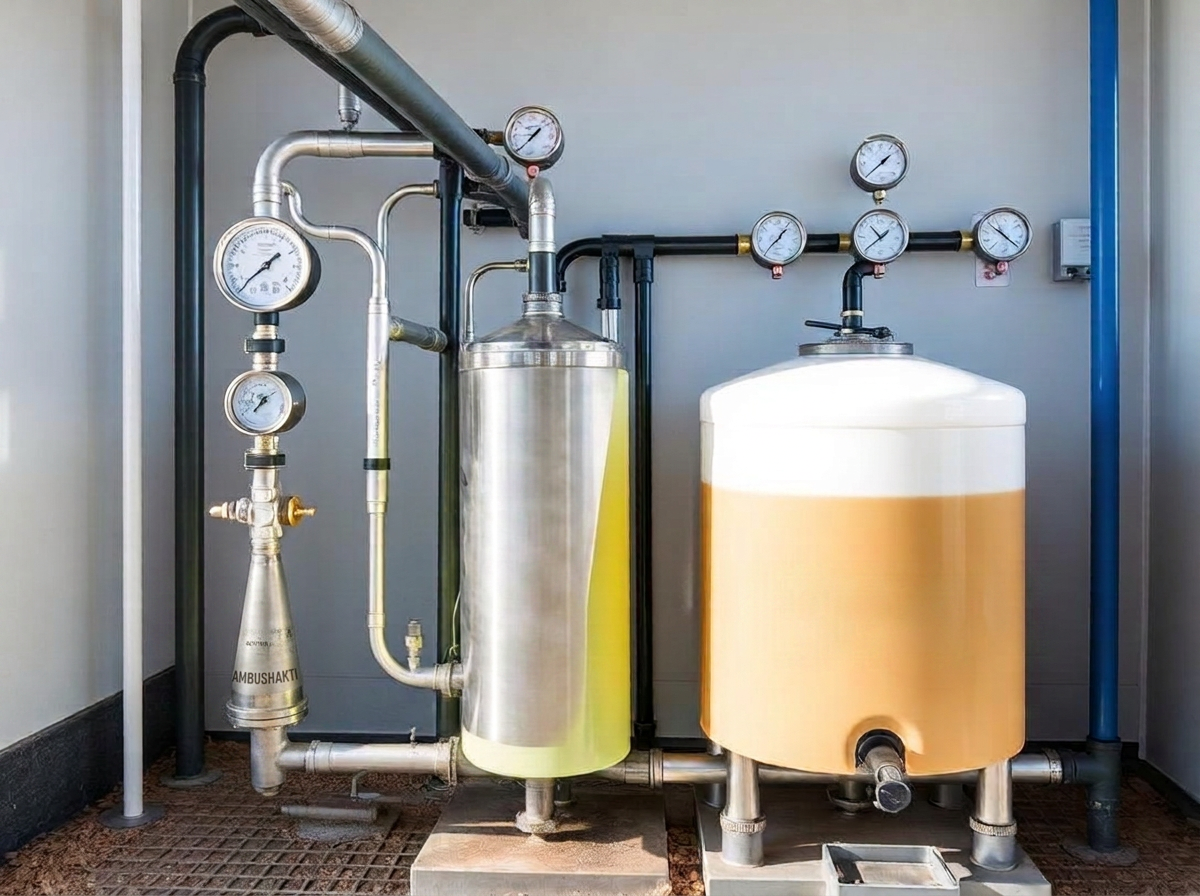 Ambushakti fertigation unit with venturi injector, fertilizer tank and pressure gauges
