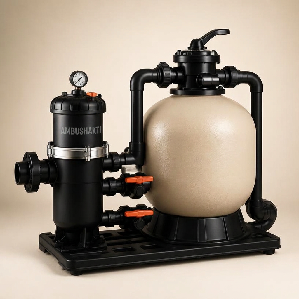 Ambushakti screen filter and sand media filter unit with valves and pressure gauges
