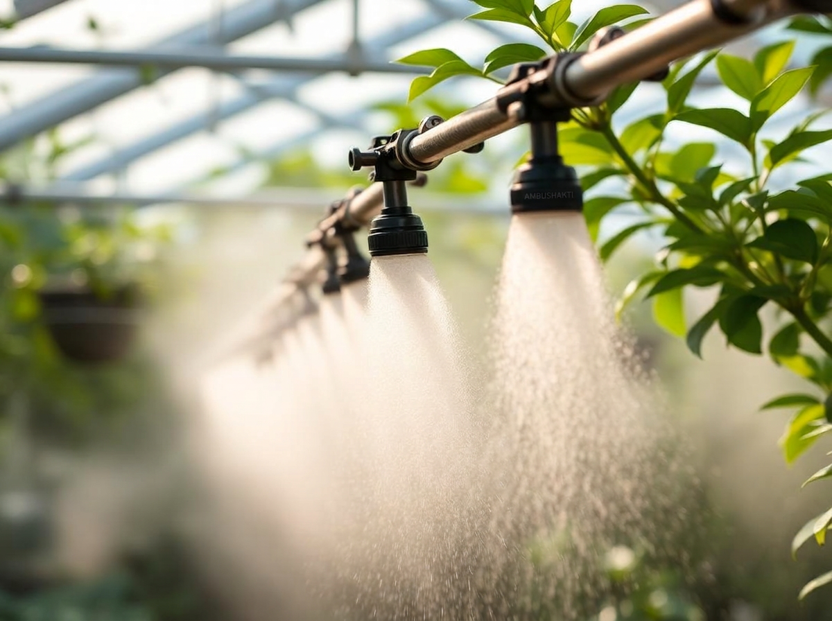 Ambushakti foggers producing a fine mist over young plants inside a greenhouse