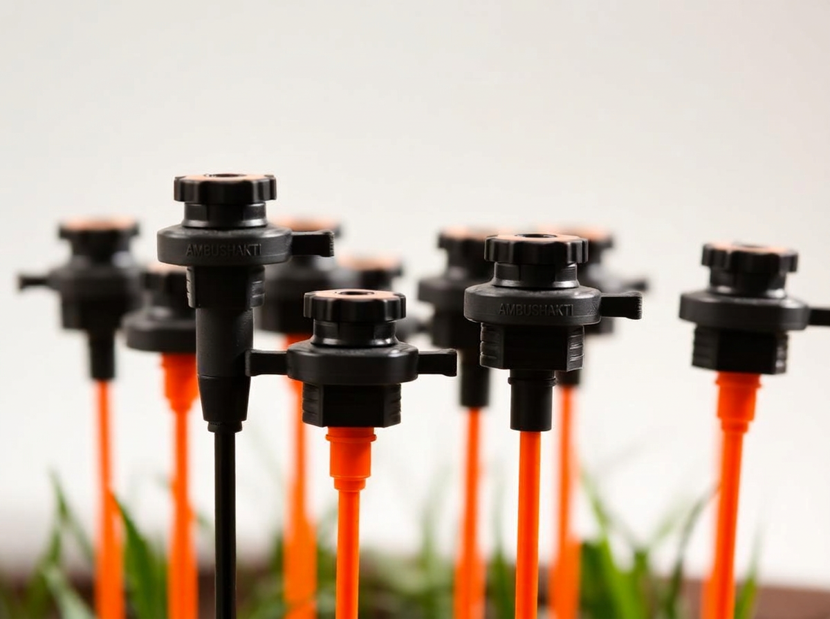 Ambushakti mini sprinkler and micro sprinkler heads mounted on stakes above a nursery bed