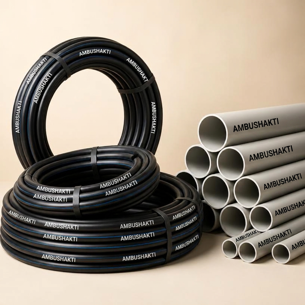 Coiled Ambushakti drip lateral pipe and drip tape rolls ready for field installation