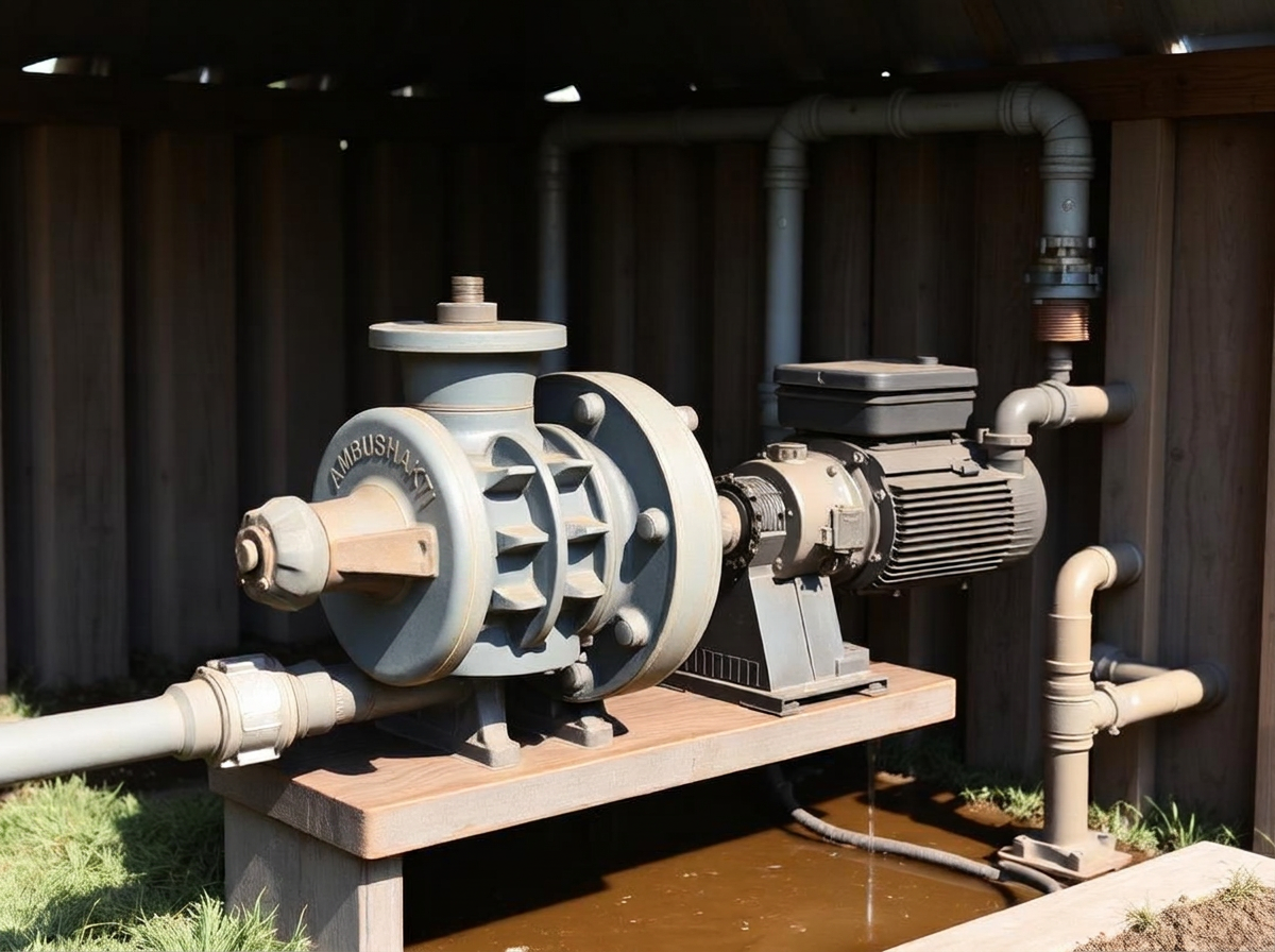 Ambushakti pump set connected to irrigation pipework at a farm pump house