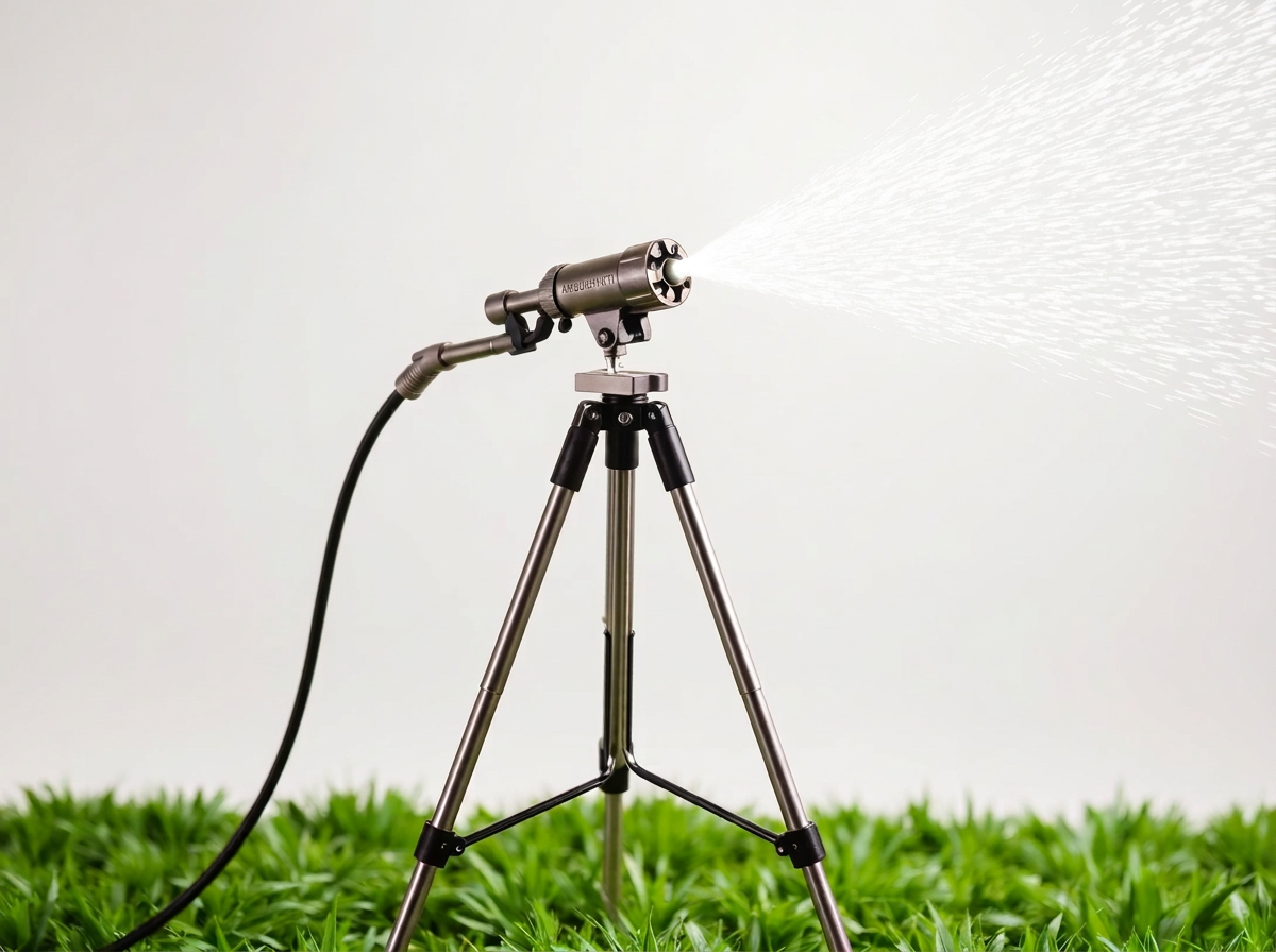 Ambushakti high pressure rain gun sprinkler mounted on a tripod spraying over a field